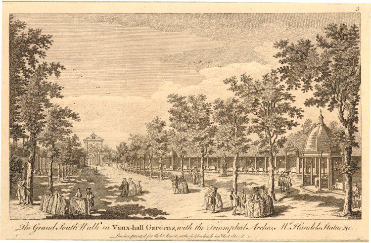 Fig. 3: The Grand South Walk in Vauxhall Gardens, with the Triumphal Arches, Mr Handels Statue &c, 1750-55, Robert Sayer